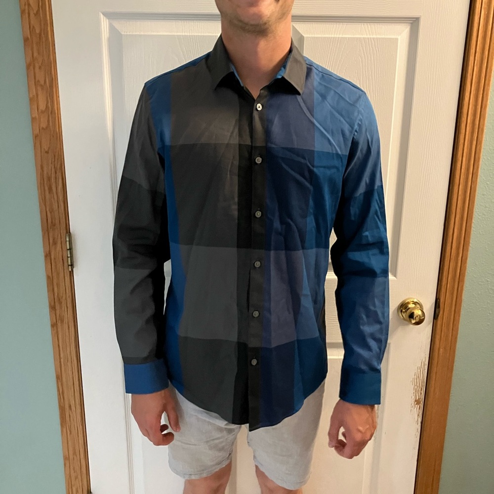 Alfani Men's Blue and Gray Plaid Casual Button Down Shirt